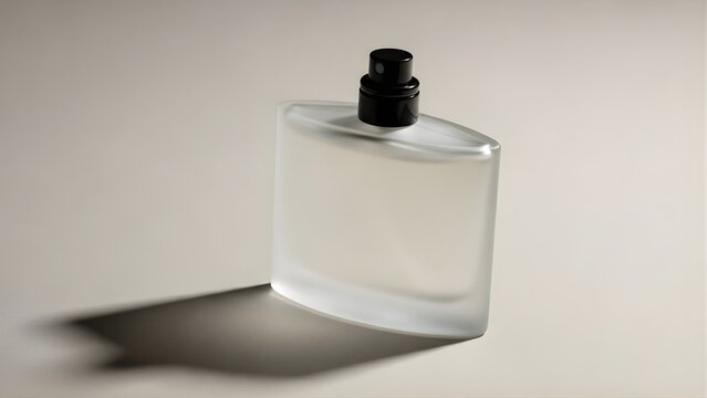 Frosted Glass Perfume Bottle Mockup with Black Spray Cap on Neutral Studio Background