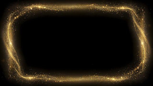 Glowing gold glitter dust frame on black background