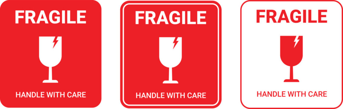 Fragile Handle with Care Red Shipping Packaging Label Set with Broken Glass Symbol. Isolated Vector Illustration on White Background
