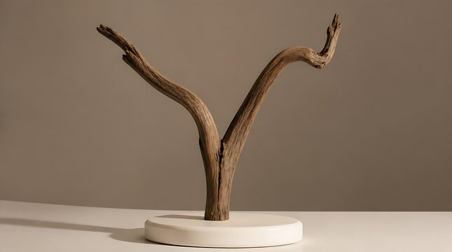 Abstract natural wood branch sculpture on a white pedestal.