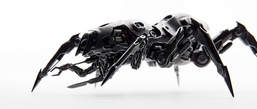 Black metallic robotic spider nanobot with surgical tools and needle syringe claws stands on white background showcasing micro robotics and futuristic healthcare.