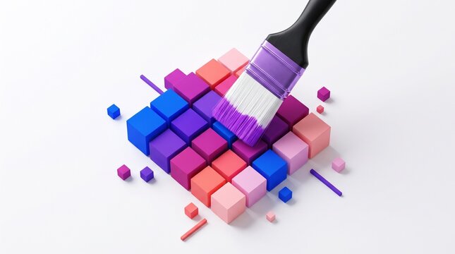 Paintbrush Painting 3D Isometric Geometric Cubes with Purple Color Concept