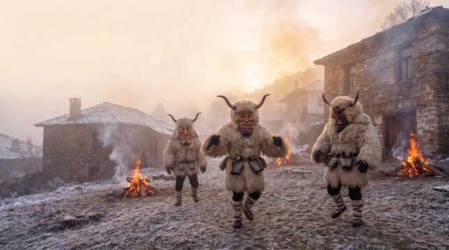 Authentic Bulgarian kukeri ritual dancers performing around bonfires in traditional fur costumes and scary masks during winter folklore festival