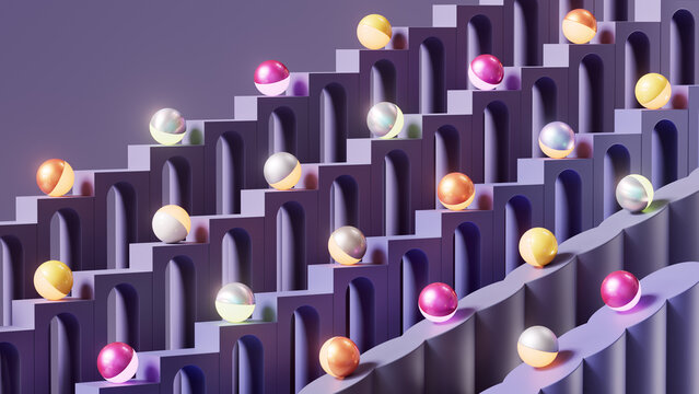 Colorful Spheres Across Layered Architectural Pathways