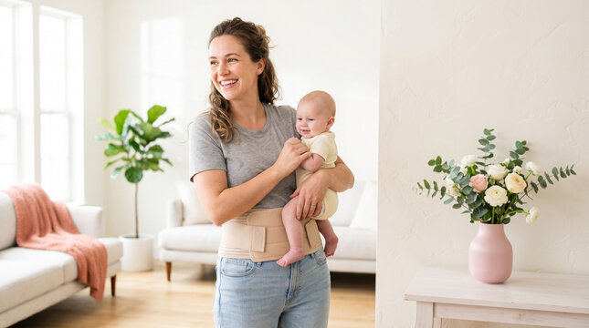 Young woman wearing abdominal binder postpartum and holding baby  