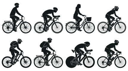 Detailed vector illustration set featuring various bicycle riders in distinct athletic poses on white backgrounds © M