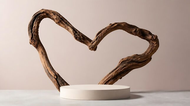 Heart shaped driftwood sculpture with podium against a neutral background.