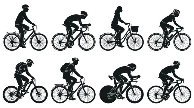 Detailed vector illustration set featuring various bicycle riders in distinct athletic poses on white backgrounds
