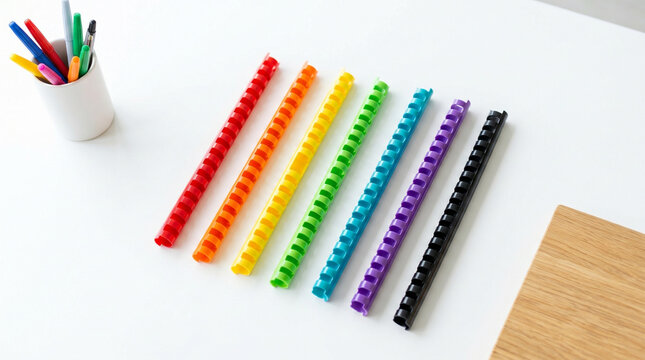 Colorful plastic comb binding spines arranged on a white workspace  