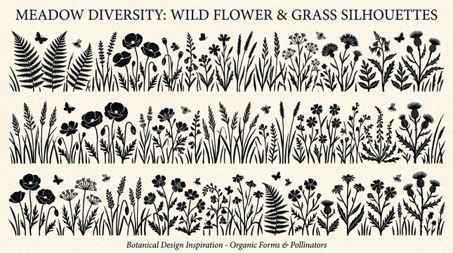 "Meadow diversity silhouettes of wildflowers, grasses, and ferns with butterflies, showcasing organic botanical forms, pollinator presence, and artistic inspiration for decorative and educational desi