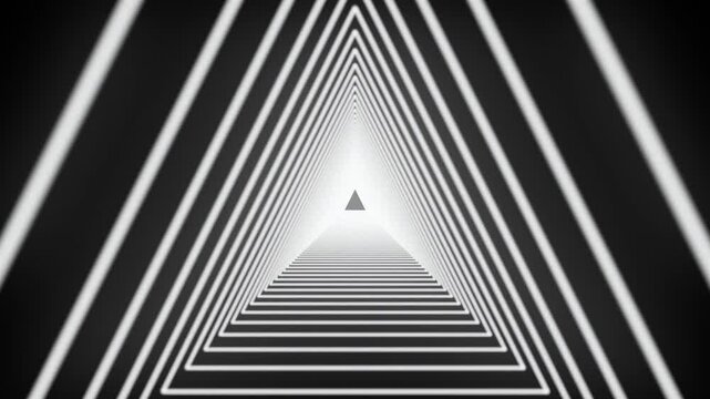 Abstract Geometric Triangle Tunnel with Repeating White Light Shapes and Perspective 4K