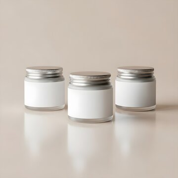 Three Frosted Glass Cosmetic Jars with Blank White Labels Mockup on Beige Background