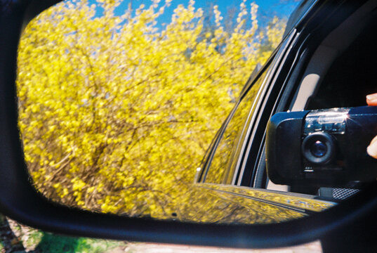 Spring UGC car mirror reflection with film camera