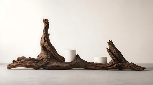 Natural driftwood centerpiece with white candle holders on a textured surface.