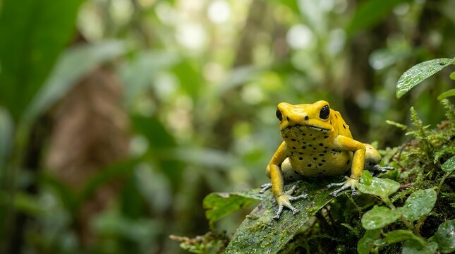 A Detailed Close-Up of a Yellow-Headed Poison Dart Frog Dendrobates Leucomelas with Fine Spots in Its Natural Forest Habitat in Colombia South America poison dart frog dendrobates leucomelas