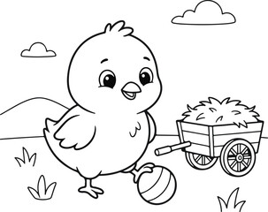 Fototapeta premium Cute cartoon chick playing with a ball and a small wooden cart on a farm