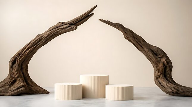 Minimalist display podiums framed by weathered driftwood branches against a neutral background.