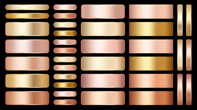 Collection of metallic rose gold, warm gold, and copper gradient swatches with sleek UI buttons isolated on black background