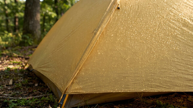 Raindrops on yellow camping tent flysheet in forest.