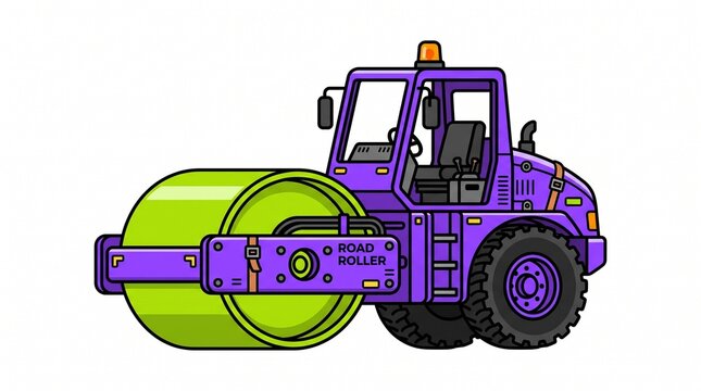 Purple and green road roller construction vehicle vector illustration