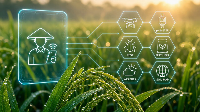 Smart farmer using a mobile app with digital icons for drone, pest, fertilizer, weather, and soil map on a rice field