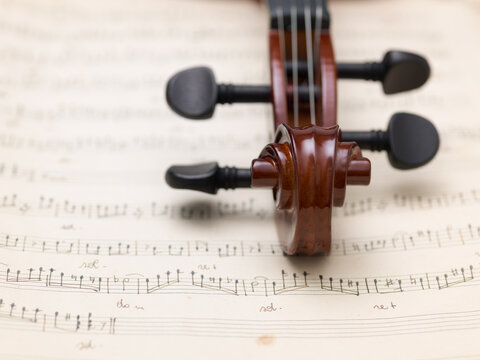 Centered Frontal View of Violin Scroll on Sheet Music