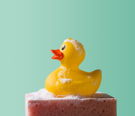 Naklejka premium Soapy Yellow Rubber Duck Covered in Bubbles on Sponge