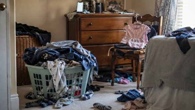 Cluttered bedroom with piles of clothes and an overflowing laundry basket, representing household chores, messy home organization, laundry and everyday cleaning stress