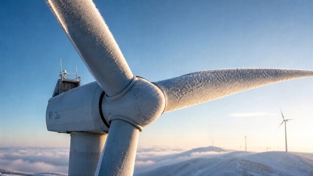 Frozen Wind Turbine in Winter Landscape: A majestic wind turbine, its blades coated in frost and ice, stands tall against a clear blue sky, symbolizing renewable energy in a stark winter environment.
