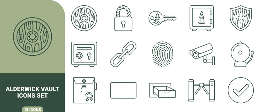 Set of 15 security and protection icons featuring a wooden shield, padlock, key, safe, chain, fingerprint, surveillance camera, alarm, and turnstile