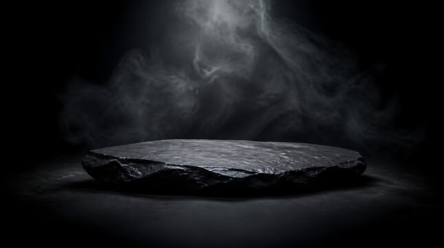 Dark Stone Podium with Dramatic Smoke and Spotlight.