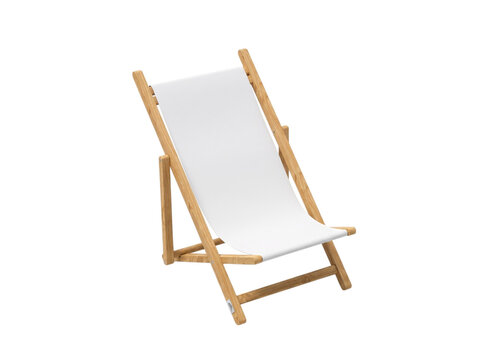 Empty wooden deck chair with white fabric isolated on white background