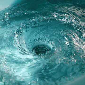 Water swirls rapidly in a bright basin as it forms a vortex, capturing the motion of clear water during daylight.