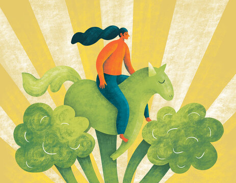 Person rides green horse among big green vegetables under bright rays
