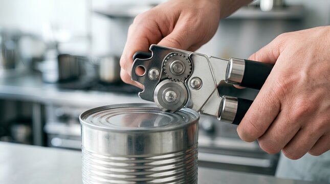 Hands Opening Tin Can with Stainless Steel Manual Can Opener Tool Close Up on Kitchen Counter