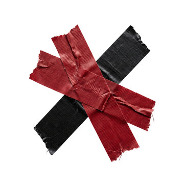 Multiple red and black adhesive tape strips crossed asterisk shape isolated on png background