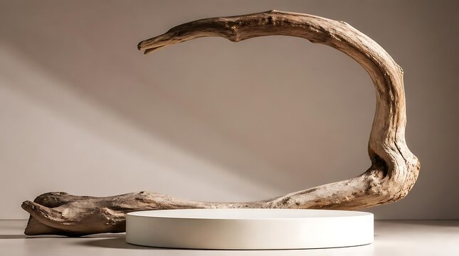 Curved driftwood branch forms abstract arch over neutral podium.