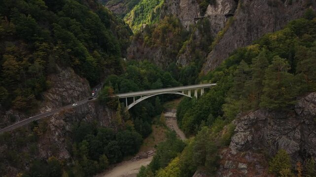 Drone view Stan Viaduct over deep valley Romania