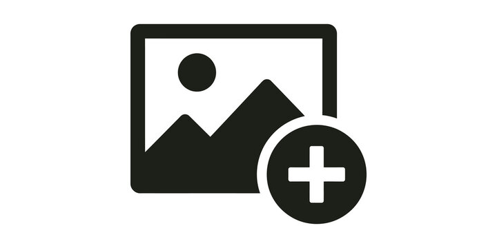 Add photo icon with image frame and plus symbol for digital gallery media uploads.