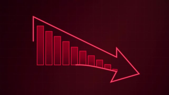 Red Declining Bar Chart and Downward Arrow on Grid Background