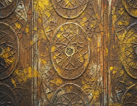 Weathered vintage patterned wall texture with cracked yellow paint