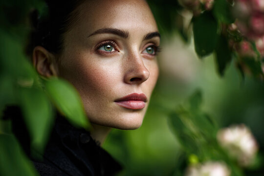The face of an attractive woman hidden in green foliage. Natural beauty, cosmetology and environmental concept. Close-up fashion portrait for poster