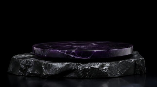 Dark Stone Podium with Reflective Surface on Black Background.