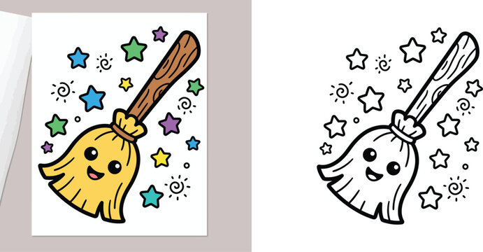 Cute cartoon magic broom coloring page for kids with color guide, outline vector illustration of smiling broomstick with stars for preschool activity book