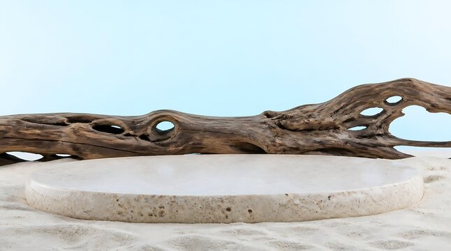 Driftwood and stone podium on sand with blue background.
