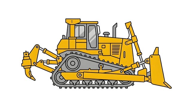 Vector illustration of a yellow bulldozer with a ripper, heavy construction machinery for earthworks isolated on white background.