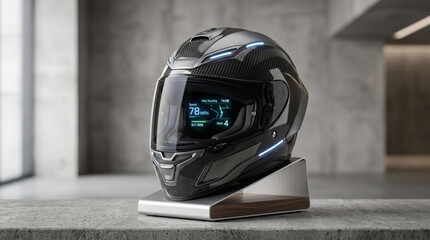 Fototapeta premium Futuristic Carbon Fiber Motorcycle Helmet with Heads-Up Display