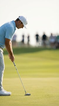 Golfer lining up a putt on the green with a blurred gallery in the background for international golf day sports banner and poster