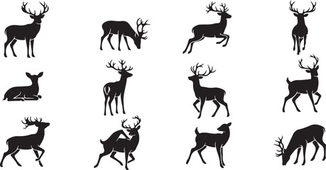 Fototapeta premium Deer Silhouette Vector Collection, Stag Silhouettes and Reindeer Outlines, Wildlife Graphic Set