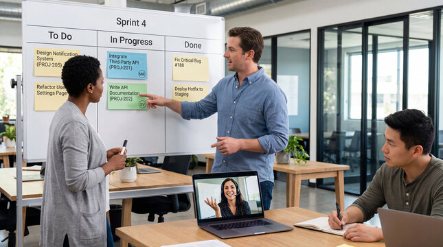 Agile software development team managing sprint tasks, project workflow and API development, with businessman pointing at Scrum board and remote collaboration with Latina businesswoman